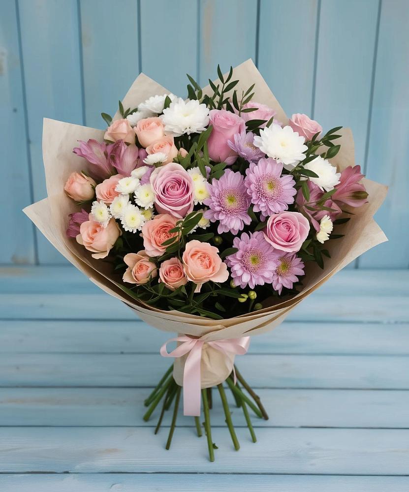 Букет цветов из: Хризантемы, Розы и Альстромерии в Кабожа