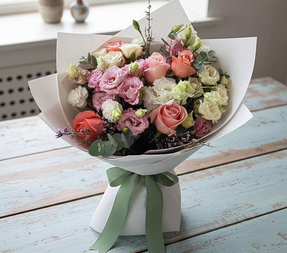 Букет цветов из: Розы, Лизиантусы и Гвоздики в Кабожа