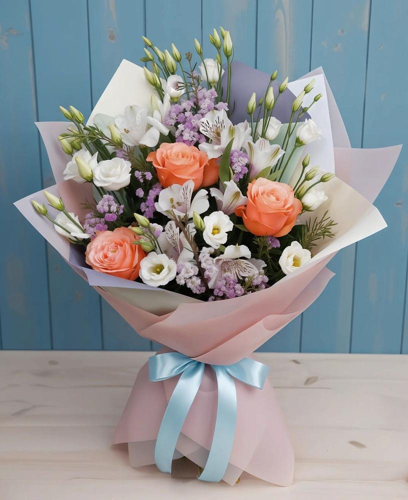 Букет цветов из: Лизиантусы, Розы, Альстромерии и Гипсофила в Кабожа