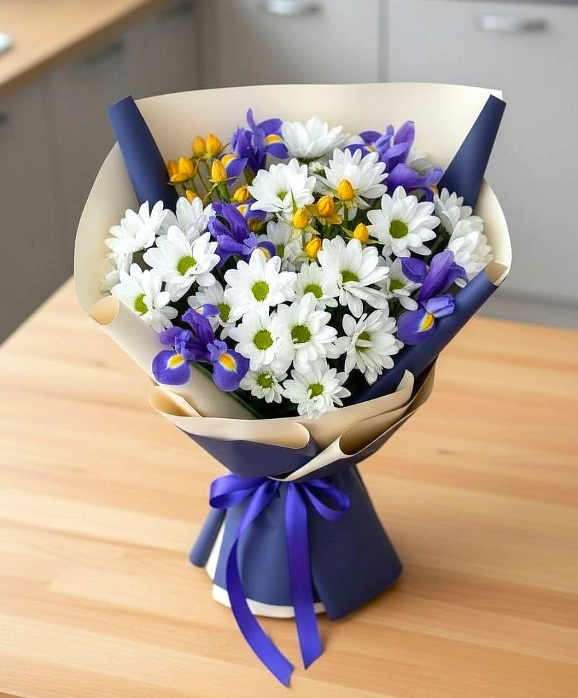 Букет цветов из: Розы, Ирисы и Хризантемы в Кабожа
